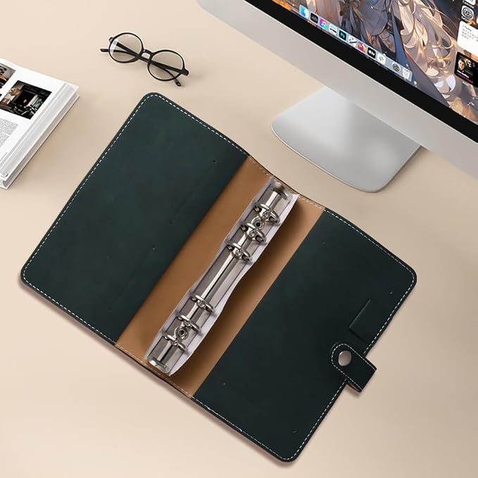 A6 PU Leather Notebook Binder Refillable 6 Ring Planner Cover with Dividers Pockets Travel Journal Folder Soft Cover Loose Leaf Binder Protector for Meeting Filler Paper Cash (Dark Green)