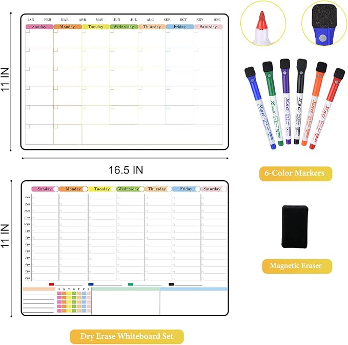 POPRUN 2 Pack Dry Erase Calendar 16.5" × 11", Weekly & Monthly Self Adhesive Planning Board with Time Slots for Wall Glass Wood, Home Office Organizer