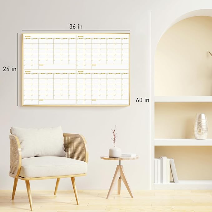 ARCOBIS Magnetic Calendar Whiteboard 36" x 24", 4 Months Dry Erase Calendar for Wall, Gold Frame White Board for Office, Home, School