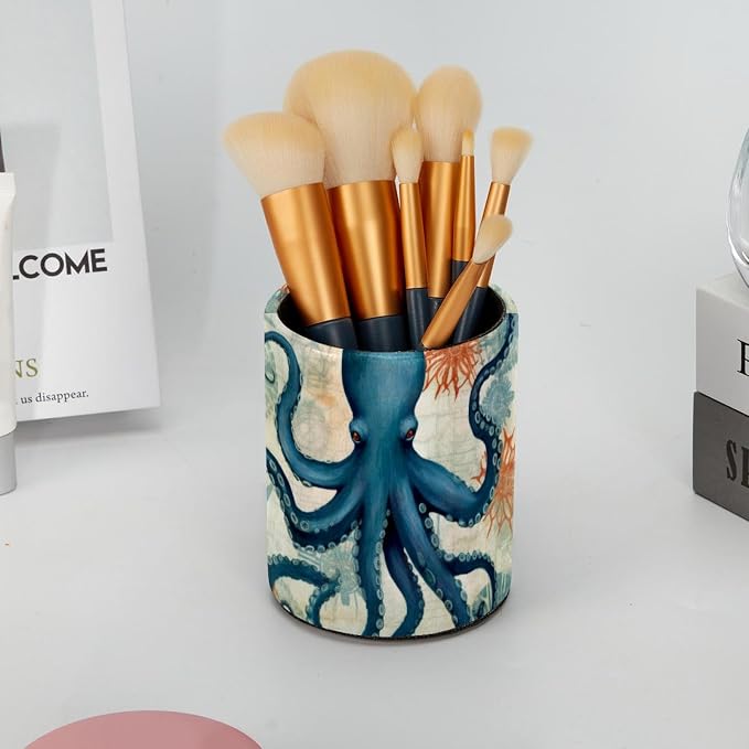 Large Capacity Pen Holder for Desk, Leather Pencil Holder Pen Cup Marker Holder Makeup Brush Holders, Desk Accessories Organizers for Home, School & Office, Nautical Octopus Vintage