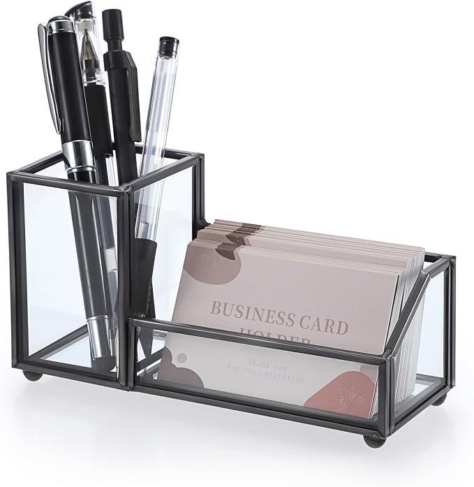 Hipiwe Glass Business Card Holder Metal Pen Pencil Storage Holder for Desk Clear Business Card Display Organizer Case for Office Home,2 Slots,Black