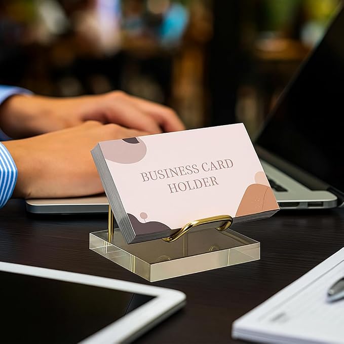 Acrylic Business Card Holder Display | Business Card Organizer for Desk | Gold Business Card Holder with Acrylic Base | Office Desk Accessories & Office Supplies for Desk (A)