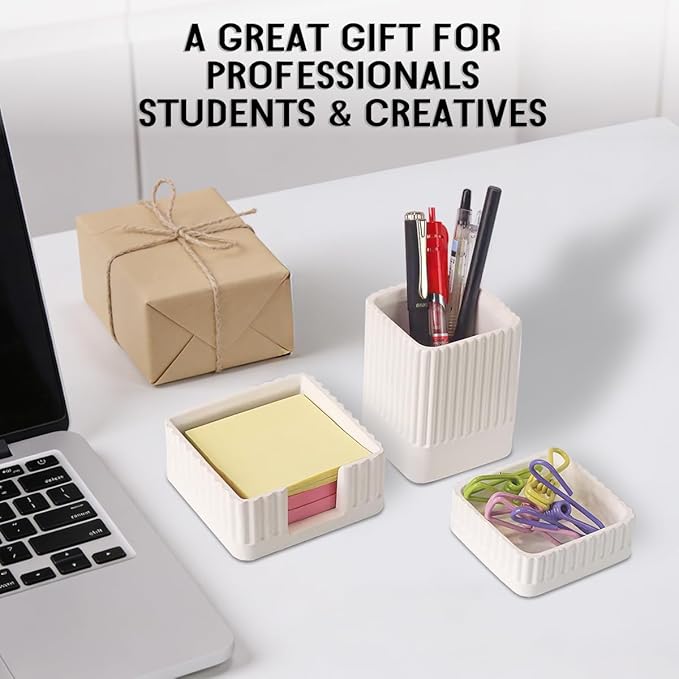 Desk Organizer Set of 3 for Office Accessories - Includes Pen Holder, Paperclip Storage, and Sticky Note Holder - Aesthetic Concrete Desktop Accessories for Women or Men, Office Decor (White)
