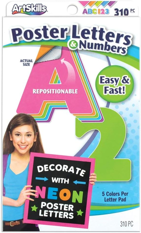ArtSkills Poster Letters 2.5” Paper Letters for Poster Board Projects, Classroom Bulletin Boards, Sign Making Supplies, Neon, 335 Pieces