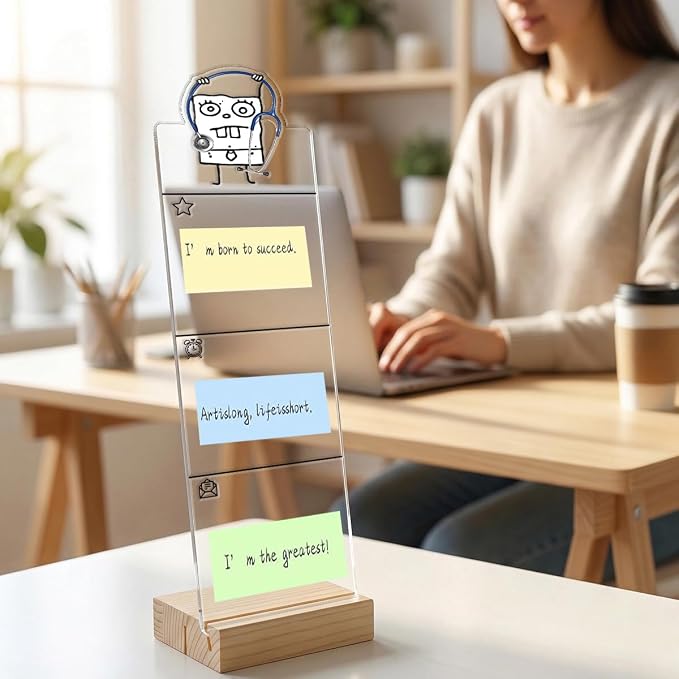 Monitor memo Board Computer Monitor memo Board Sticky Note Organizer Stethoscope Acrylic Desk Accessories Removable Wooden Base Set Sticky Notes 100 Sheets 11.8×3.1 inches