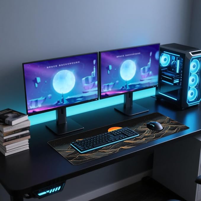 Golden Peaks Desk Mat Gaming Large Mouse Pad Abstract Black Terrain Solar Glow Mousepad for Keyboard and Mouse Extra Large Full Desk Computer Pads 31.5 x 11.8 Mouse Pads for Desk Home Office Gaming