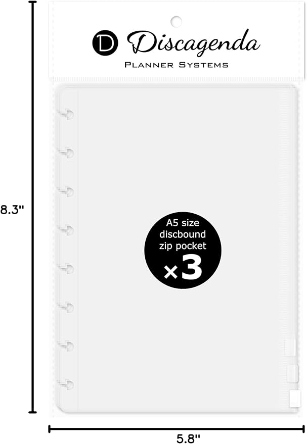 Discagenda Clear Zip Pocket Pouch A5 (5.8x8.3in) Size, 3 Pack for Discbound Planner Personal Organizer