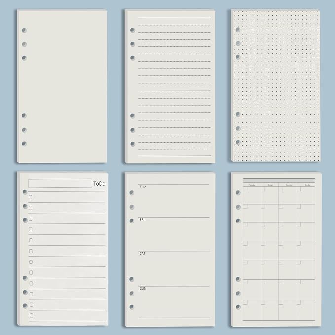 Harphia A6 6 Holes Binder Refill Value Set, 90Sheets Monthly Planner Insert, 5 Sheets Divider Paper, Today ruler With Inch Unit, Translucent Zipper Bag, Pvc Card Bag, 200Pcs Colorful Index Stickers