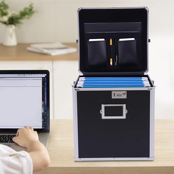 Record Storage Box, 50 Album Holder Locking Storage Box, Briefcase Security Lock Box for Personal Items Cash Laptop