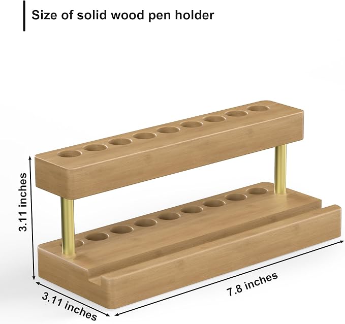 Wooden Holder for Office Desk, Solid Wood Pen Display Stand With 9 Slots and Cell Phone Holder, Aesthetic Pen Organizer for Minimalist Office Desk Decor (Wood+Gold)