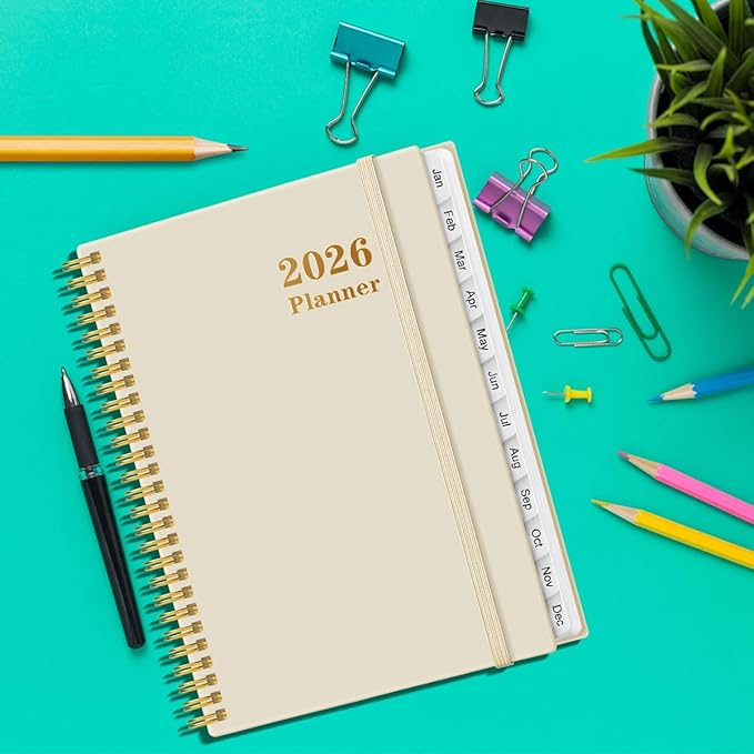 Planner 2026 For Women & Men - Monthly and Weekly Calendar Planner from January 2026 - December 2026, Student Planning with 12 Tabs for Office School Supplies, Inner Pocket, 8.5" x 11", Beige