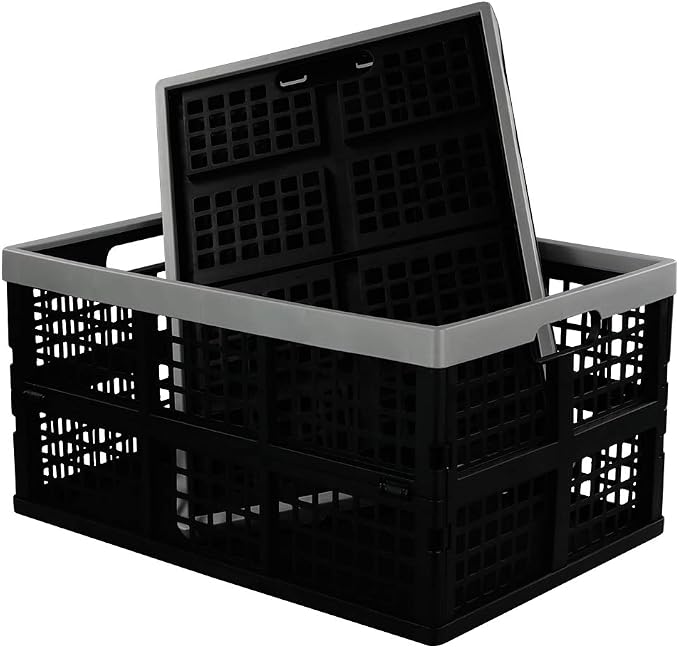 2-Pack 42 L Plastic Collapsible Storage Crates, Large Stackable Storage Container Basket, Folding Crates Storage