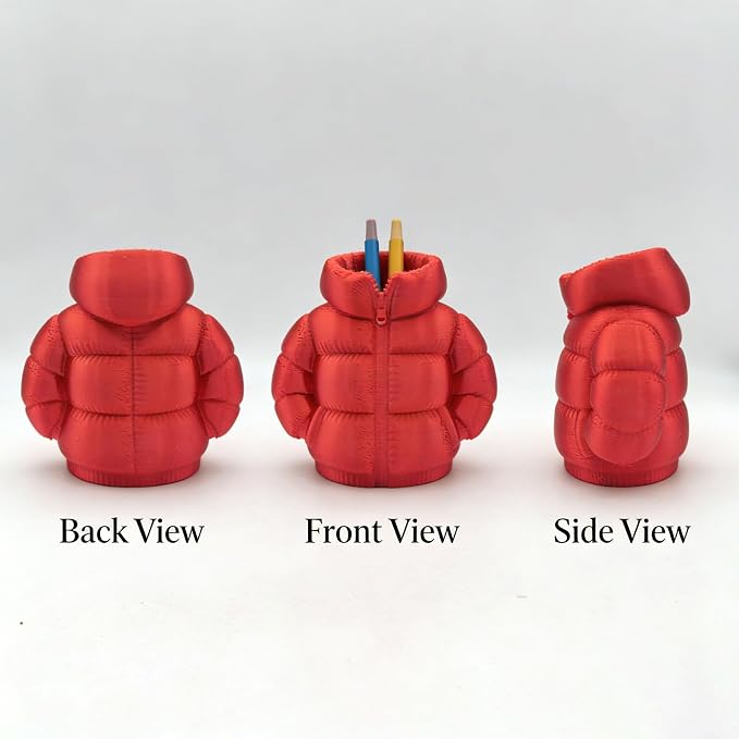 YOKUSHI Down Jacket Pen Holder, 3D Printed Funny Puffer Jacket Pencil Holder, Creative Desk Organizer for Office Supplies, Cute Unique Stationery Holder for Desk, Quirky Gift for Women Men (Red)