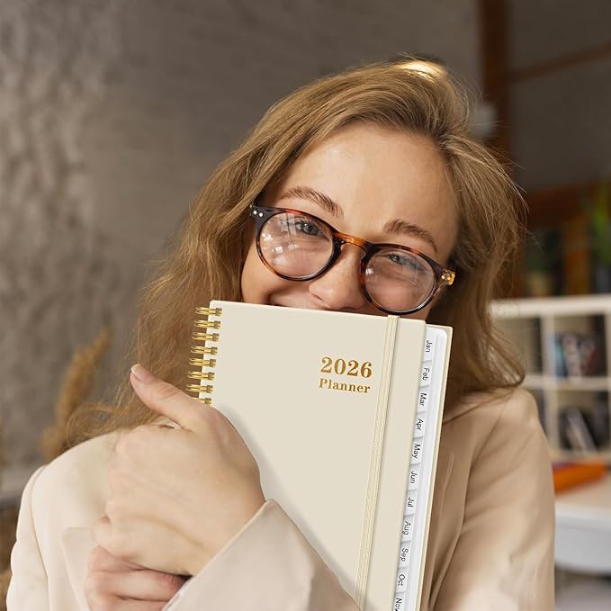 2026 Planner - Weekly and Monthly Calendar Planner from Jan 2026 - Dec 2026, Planner 2026 Spiral Bound with 12 Monthly Tabs, Inner Pocket, Perfect for School Office Supplies, 6.4" x 8.5", Beige