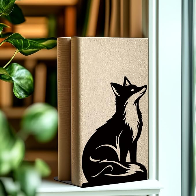 Black Fox Metal Bookends for Shelves, Exquisite Fox Bookshelf Decor Book Ends for Heavy Books, Home School Office Desk Decoration, Book Stopper for Study and Birthday Gift