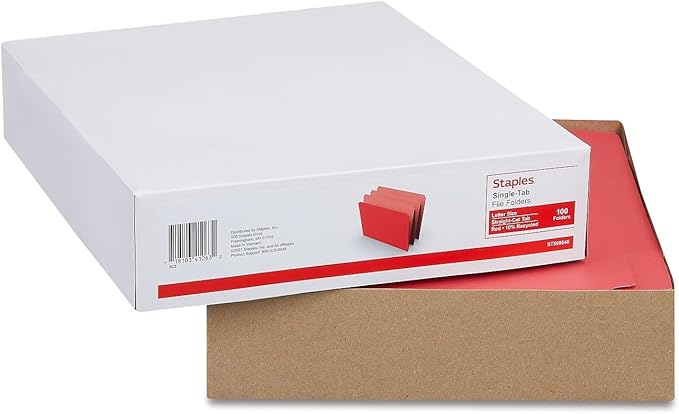 Staples Straight‑Cut Top‑Tab File Folders, Letter Size, Red, Durable Paper Stock, 100/Box