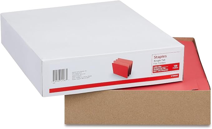Staples Straight‑Cut Top‑Tab File Folders, Letter Size, Red, Durable Paper Stock, 100/Box