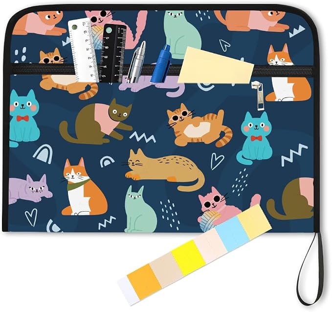 WEBEEDY Cartoon Cat Expanding File Folder 13 Pockets Cute Cat Accordion File Organizer with Labels and Zipper, Waterproof Portable Document Organiser for A4 Paper Photo Letter Receipt Paperwork