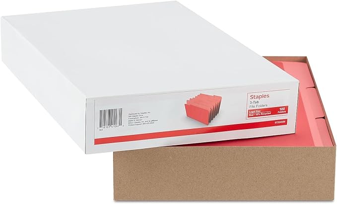 Staples Colored File Folders, Legal Size, 3‑Tab Top‑Tab Design, Red, Durable Paper Stock, 100/Pack