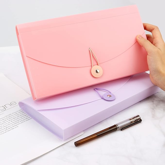 Oak-Pine 13 Pocket Receipt Folder/Accordion File Organizer/Plastic Check Bill File Folder/Expanding File Folder/Expanding Coupon Organizer with Labels/Document Organizer Folder (Pink)