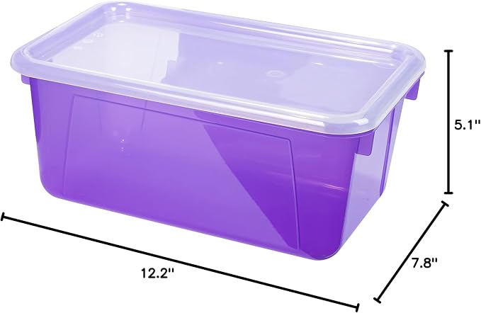 Storex Small Cubby Bins – Plastic Storage Containers for Classroom with Non-Snap Lid, 12.2 x 7.8 x 5.1 inches, Tint Violet, 5-Pack (62484A05C)