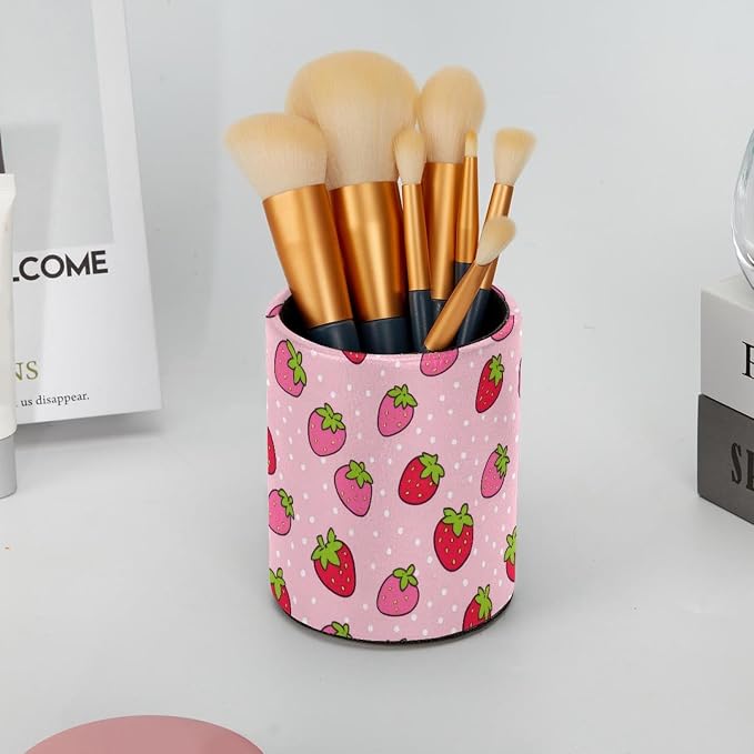 Pen Pencil Holder for Desk, Strawberry Makeup Brush Holders Leather Pen Organizer Pencil Caddy for Office Home Art Supply