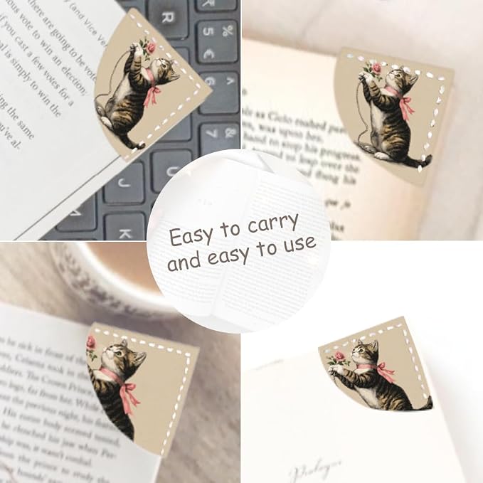 2PCS PU Leather Bookmarks 3.5x3.5 Inch Cat Rose Design | PU leather bookmarks with cat and pink rose design for novels, journals, planners, students, teachers and book lovers.