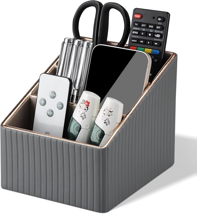 KINGFOM 3 Slot PU Leather Remote Controller Holder, Home Sundries Storage Box, TV Guide/Mail/CD Organizer/Caddy/Holder with Free Cable Desk Organizer (Gray)