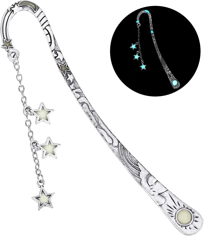 Jeffdad Moon and Stars Luminous Glow in The Dark Butterfly Fantasy Bookmark - Cool Gifts for Women Girls, Silver Stars