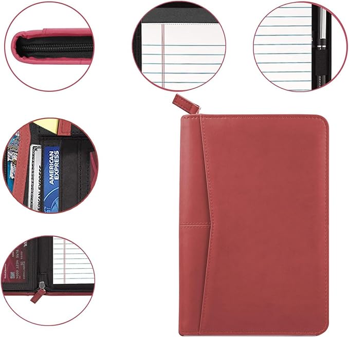 Small Portfolio Organizer, A5 Zippered Business Portfolio, Junior Padfolio Folder Binder for Men Women,5 x 8 Writing Pad Included, Red