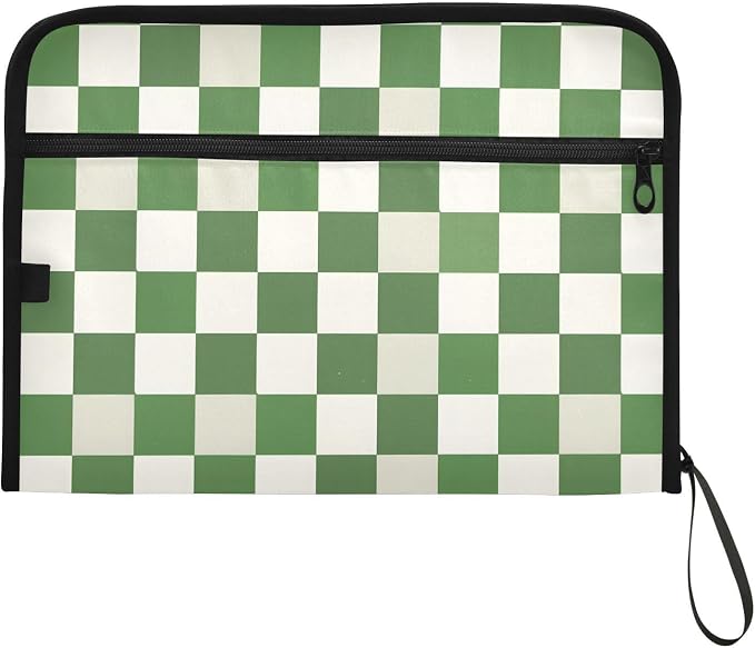 Expanding File Folder Green White Checkered Buffalo Plaid Accordion File Organizer 13 Pockets Document Organizer with Zipper Labels A4 Letter Office Storage