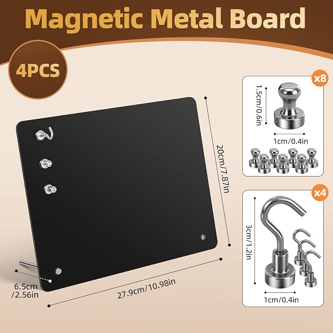 Magnetic Metal Display Bulletin Board, 4 Pack, Black Horizontal | 11x8 Inch, Includes 12 Magnets, For Memos Messages Photos, Home School Kitchen Office