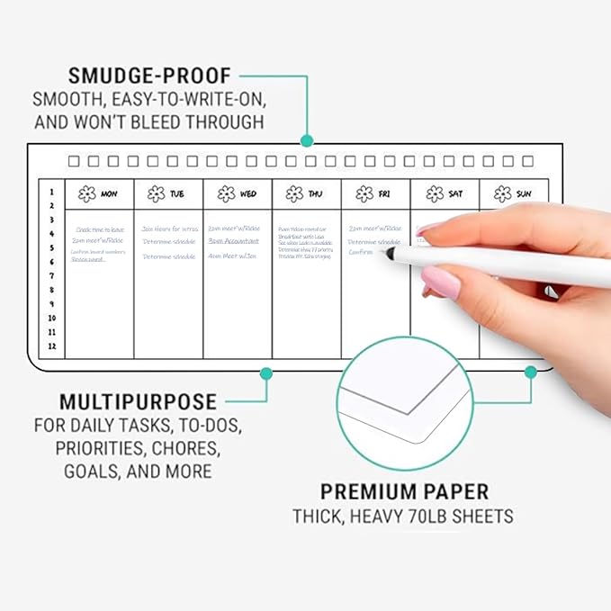 Wirebound Undated Weekly Planner Scheduler Planning Notepad Landscape - Horizontal Days of Week Paper Note Pad, Planner Organizing (Flower)