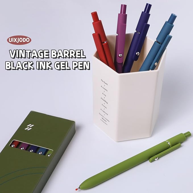 UIXJODO Gel Pens, 10 Pcs 0.5mm Black Ink Pens Fine Point Smooth Writing Pens with Silicone Grip, High-End Series Metal Clip Retractable Pens for Journaling Note Taking (10 Pcs Vintage)
