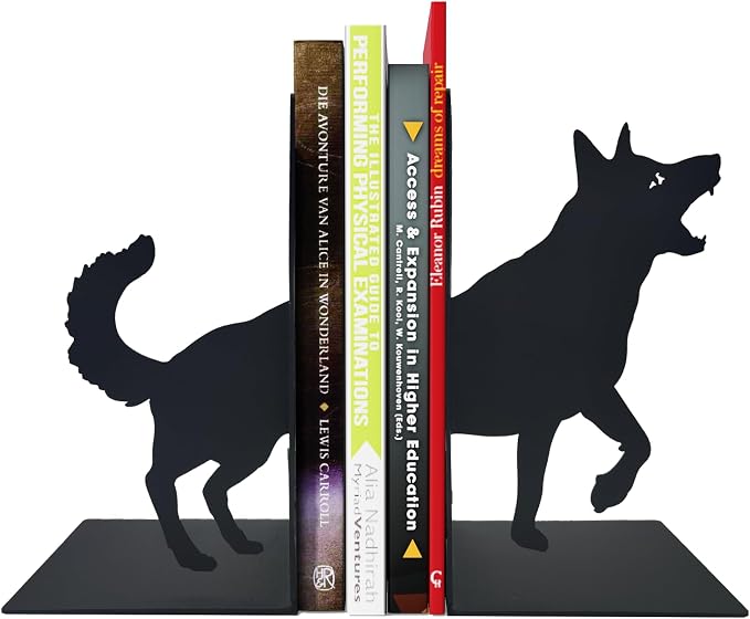 ENCIMART Dog Book Ends Decorative for Shelves, Black Metal Bookend Supports for Heavy Books, Book Stoppers for Home Office Desktop Organizer for Men and Book Lovers Gift