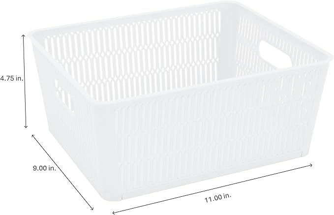 Simplify 4Pk Large Slide 2 Stack It Tote Basket | Storage & Organization | Open Bins with Stackable Capability | Bathroom | Crafts | Pantry | Playroom | Office | White (KIT-25930-WHITE-4PK)