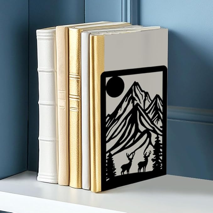 Metal Bookends for Shelves, Mountain and Deer Decorative Book Ends for Heavy Books, Book Stopper Decorative Books, Bookends to Hold Literature for Home Office School Bookshelf Decor