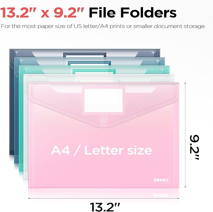 Sooez 10Pack Plastic Envelopes, Plastic File Folders, Clear Folders for Documents Trendy Colors, Super Heavyweight Document Holders, Storage Pouches, File Envelopes for School Office Supplies