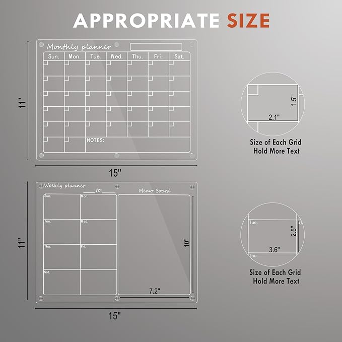 Magnetic Acrylic Calendar for Fridge,2 Pack 11"x15" Clear Fridge Calendar Dry Erase Magnetic Planning Boards Set for Refrigerator with 8 Colorful Highlight Markers