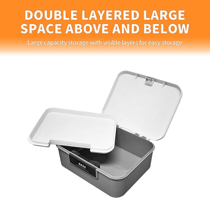RUIAN Lockable Storage Container Bin, 2.3 Gallon Security Portable Combination Lock Plastic Box, Locked Security Box Suitable for Storing Important Items and Documents (White Gray)