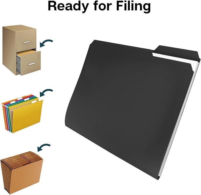 Dunwell Plastic Black 3-Tab Folders, (12 Pack), Sturdy 1/3 Tab File Folders for 8.5x11 Documents, Plastic Manila Filing Sleeves, Acid-Free Poly, Includes Labels