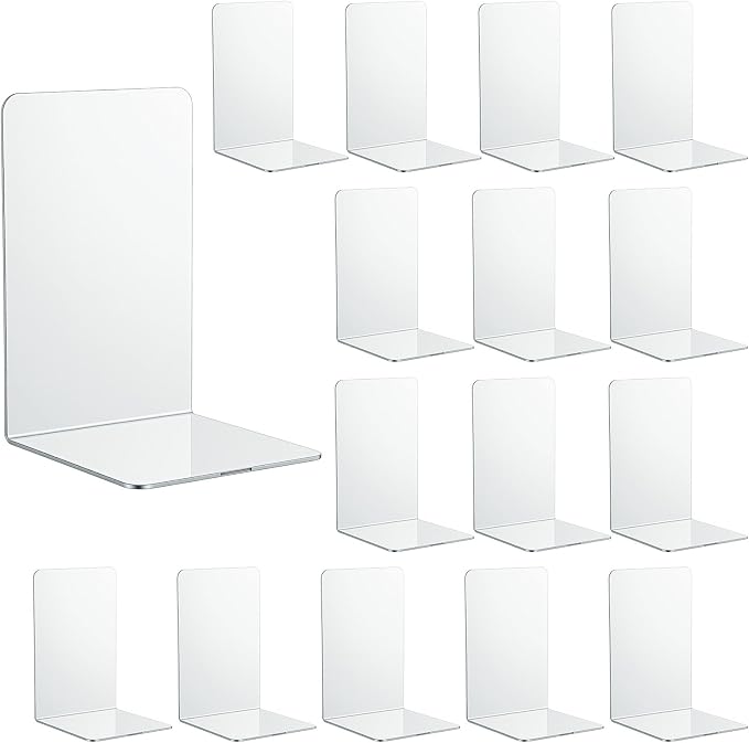 16 Pcs Clear Acrylic Bookends for Shelves, Heavy Duty L-Shaped Book Ends for Books, Invisible Book Organizer & Holder for Office, Home, Library