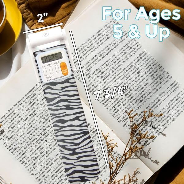 Mark-My-Time LED Book Light with Digital Bookmark and Reading Timer - Fun Reading Anywhere - Zebra