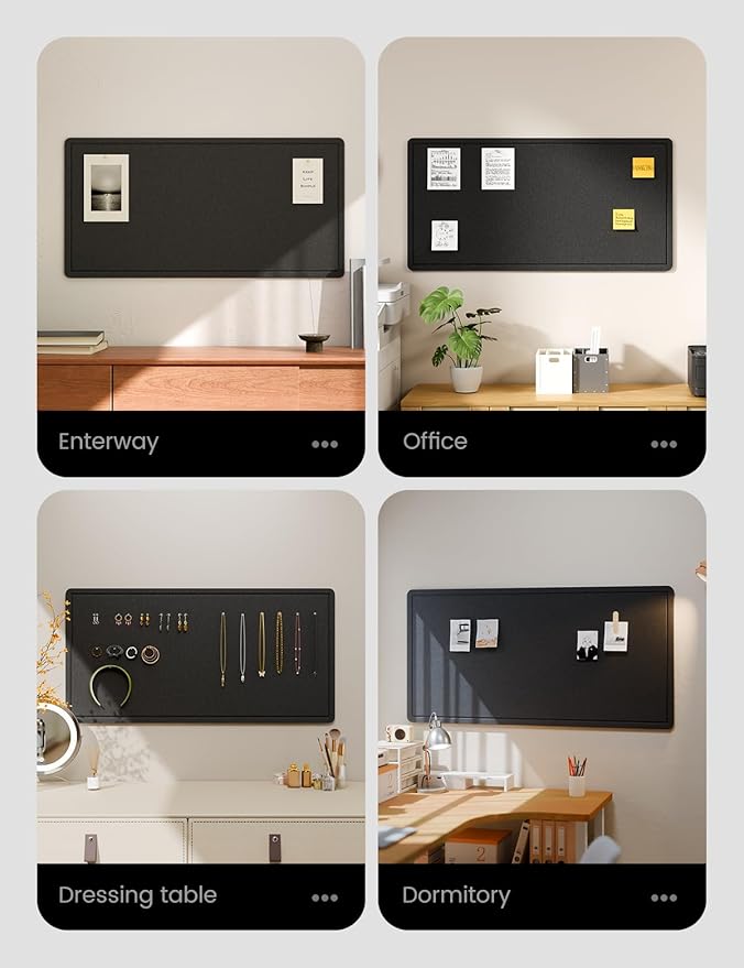 Fluxynara Bulletin Board, 35" x 17.5" Cork Board Alternative with 12 Safe Removable Adhesive Tabs, Foldable Felt Pin Board for Home Office, Classroom, Bedroom,Entryway for Walls—Black