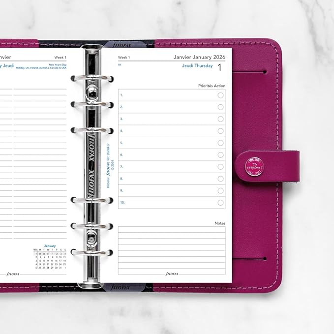 Filofax Calendar Diary Refill, Personal/Compact Size, Day on Two Pages with Appointments, White Paper, Bilingual, 2026 (C68417-26)