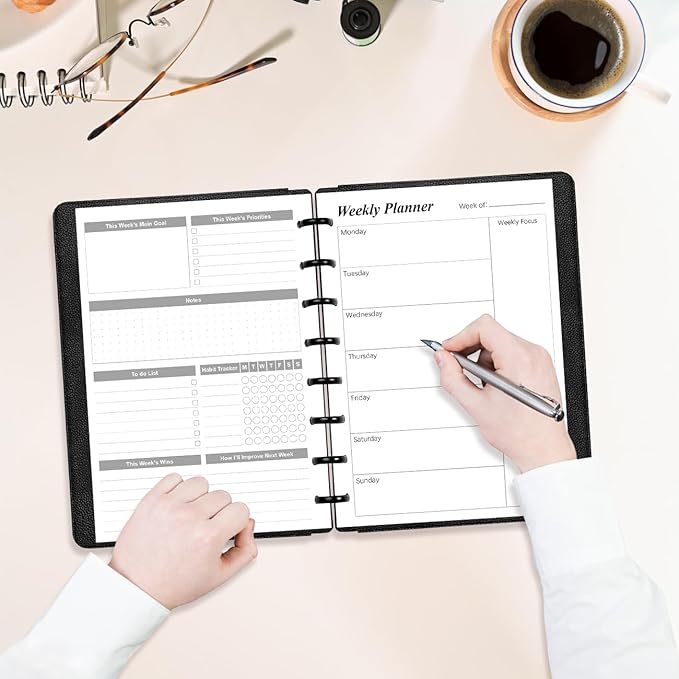 (2-Pack) Weekly Planner Undated Refills - Junior Size 106 Sheets/212 Pages Weekly Planner for 8-Disc Discbound, 100 gsm White Paper, Lasts 1 Year, Undated, 5.8" x 8.3", Black