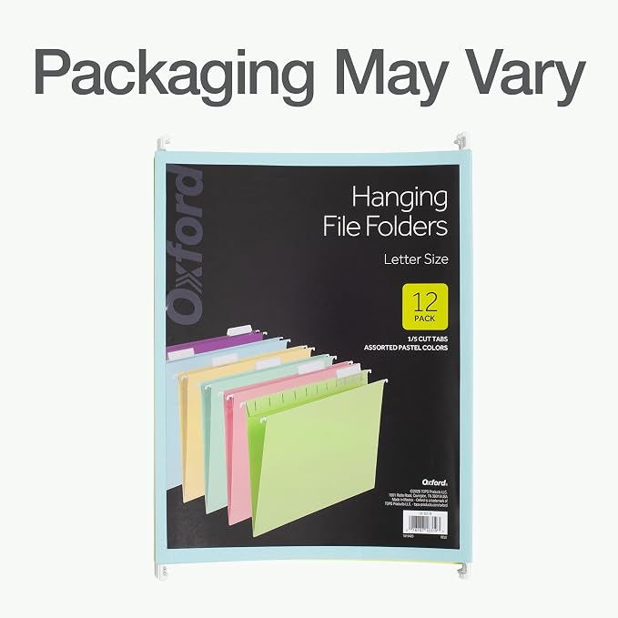 Oxford Hanging File Folders, 12 Pack, Letter Size (8.5" x 11"), 6 Assorted Colors, 5 Tab Positions, Includes Tabs and Inserts, Hanging Files for Office and Document Organization