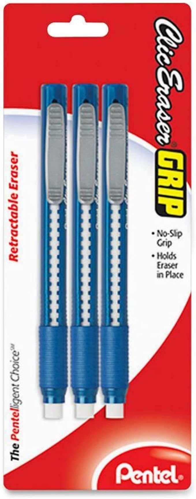 Pentel Clic Retractable Eraser with Grip, Assorted Barrel Colors, Pack of 3 (ZE21BP3K6)