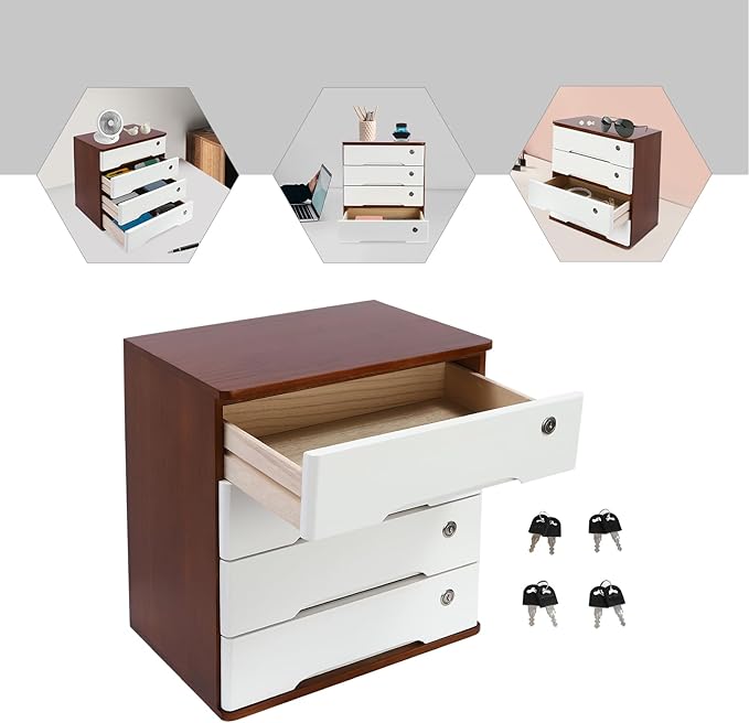 Lockable Desk Organizer Wooden Desktop Drawers Office Flat Files Storage Box Locking Countertop Storage Cabinet (Walnut + White, 4-Tier)