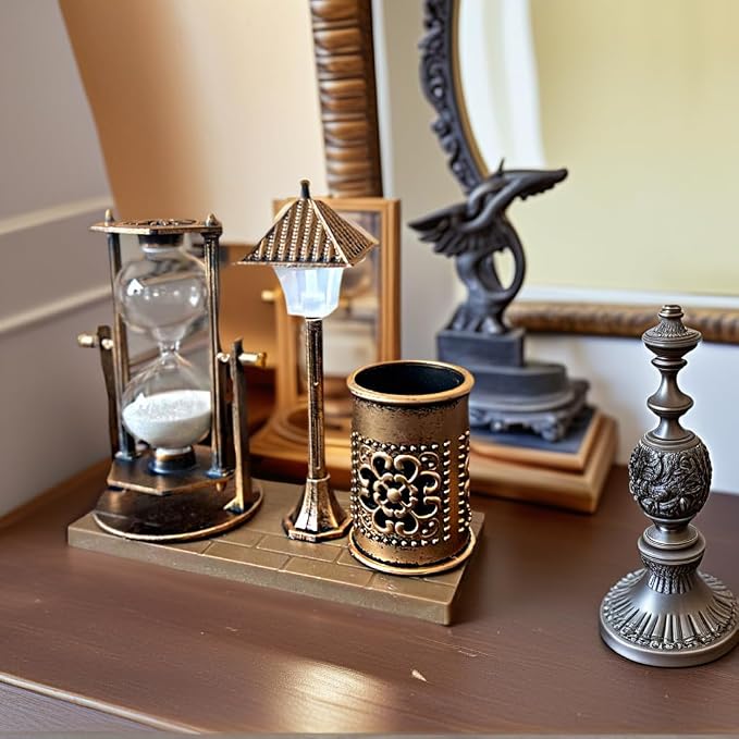 Vintage Style Desk Organizer Set with Hourglass Timer, Decorative Pen Holder, Bronze Finish, pen organizer for desk, vintage office decor, sand timers, desk organizer pen holder